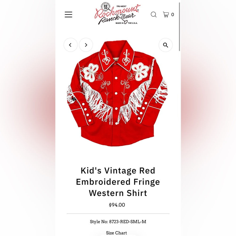 NWT Rockmount Ranch Wear Kid's Vintage Red Embroidered Fringe Western Shirt